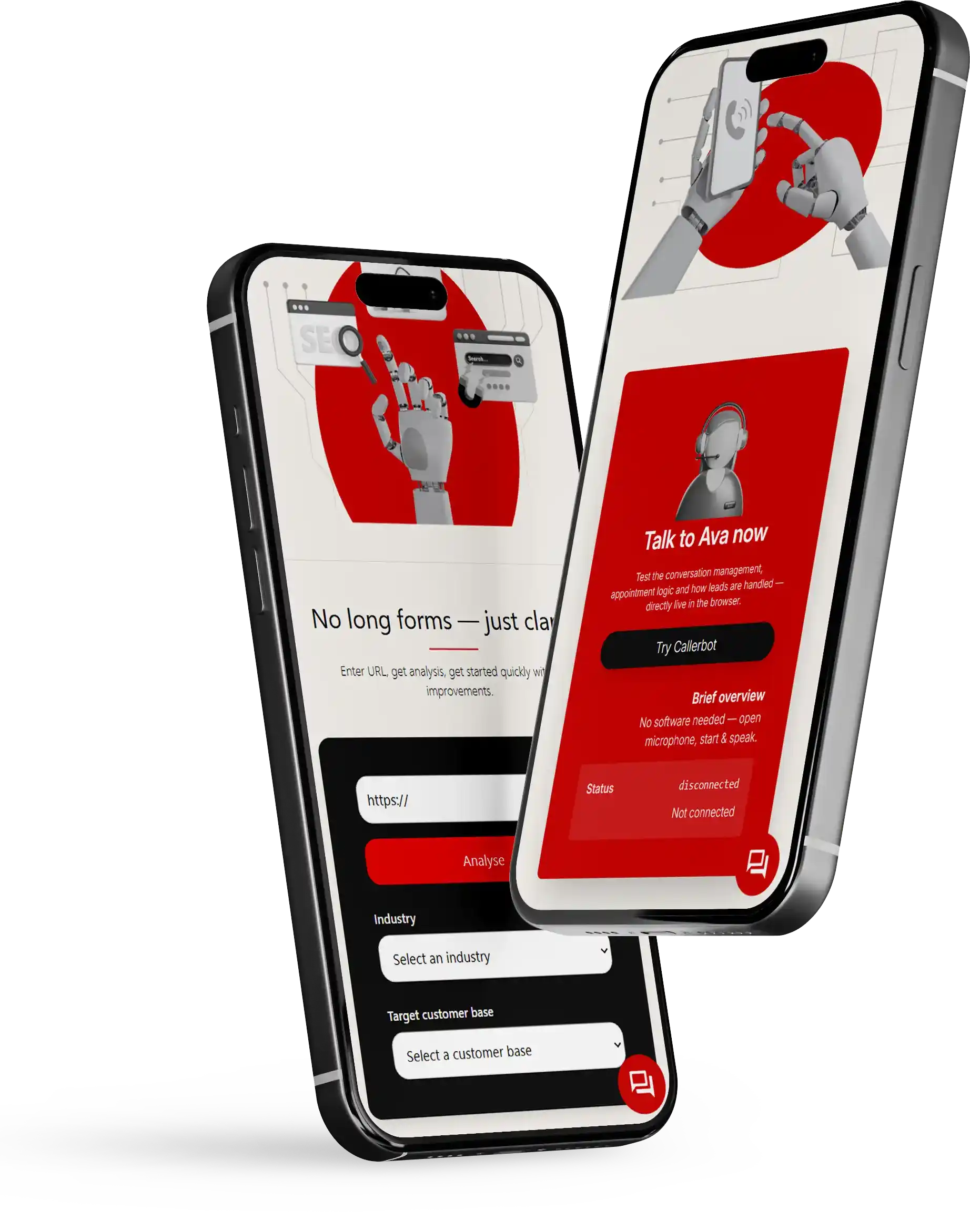 Two mobile mockups showing AVA and analyzer